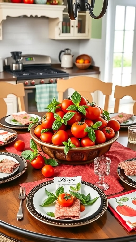 A kitchen table with a fresh tomato centerpiece, tomato-themed tableware, and basil leaves.